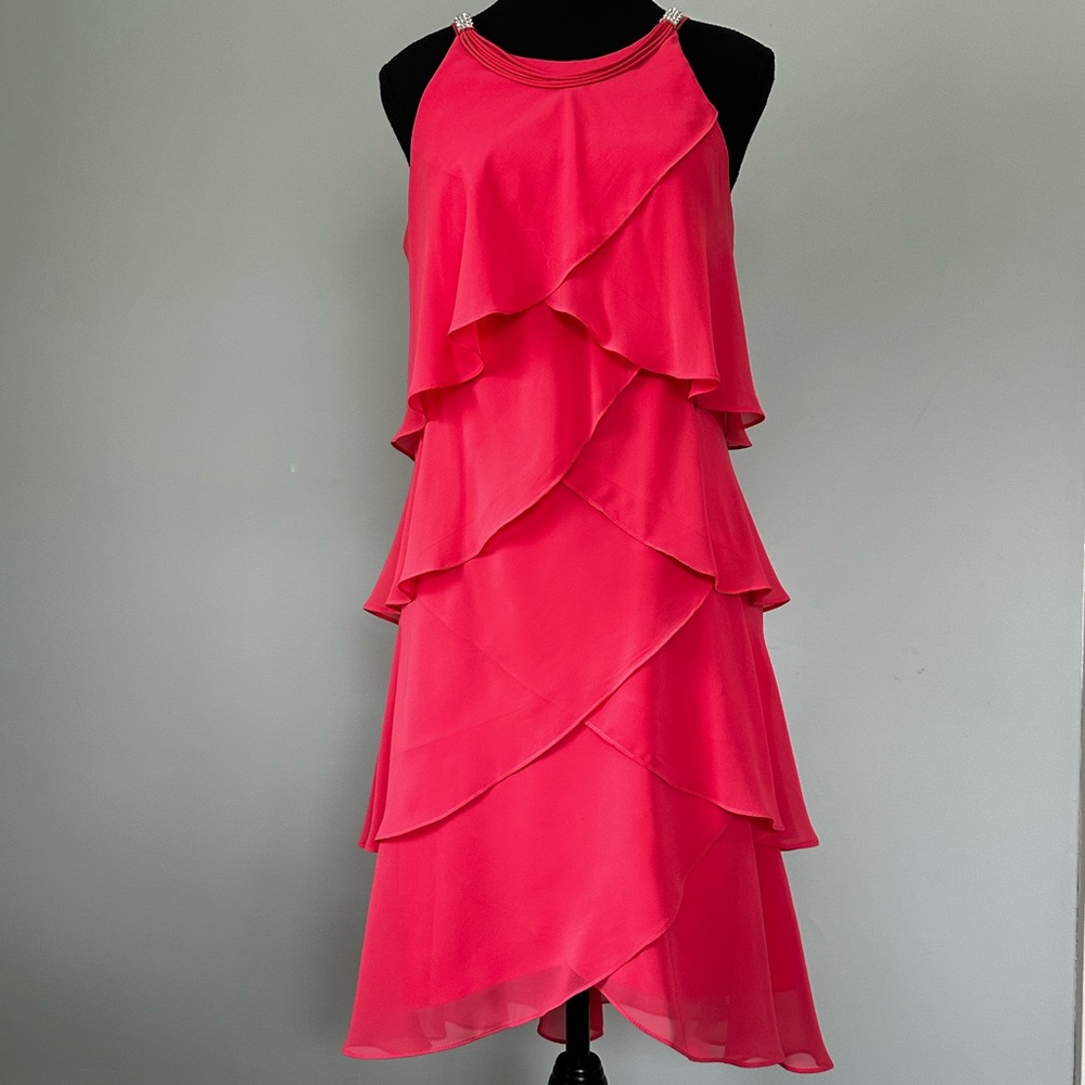 SL Fashions Coral Pink Tiered Chiffon Cocktail Dress Rhinestone Straps Size 8